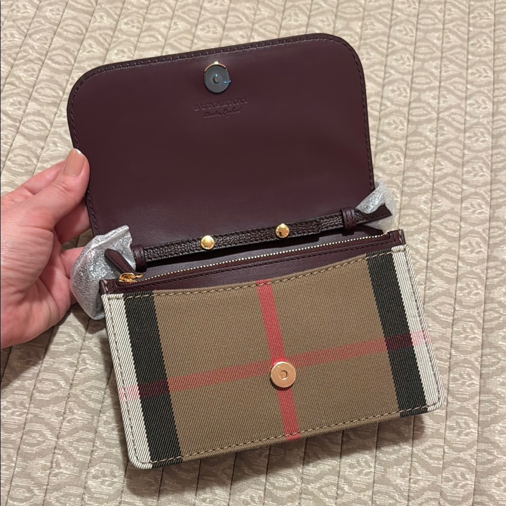 Burberry Burgundy Leather & Vintage Check Mini Crossbody - Picture 4 of 13